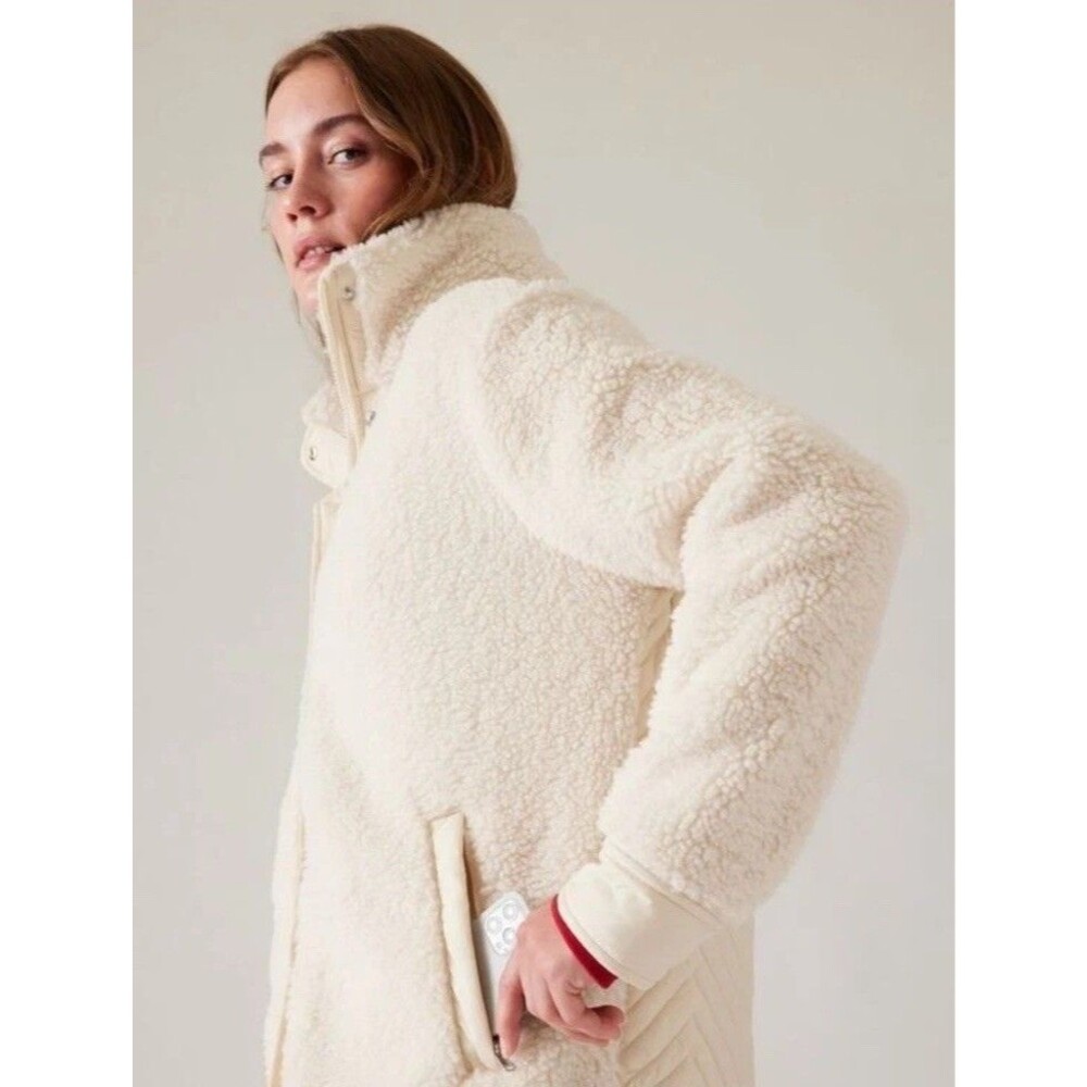 ATHLETA Cozy Day Hybrid Coat Sherpa Size Large Chantilly Cream - Picture 2 of 13